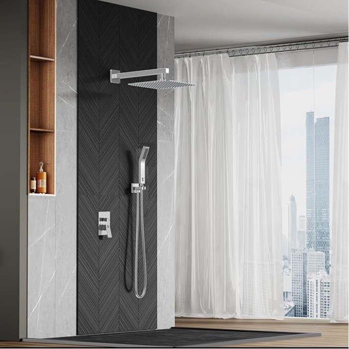SRSH-F5043 Bathroom Luxury Rain Mixer Combo Set Wall Mounted Rainfall Shower Head System Polished Chrome, (Contain Faucet Rough-in Valve Body and Trim)