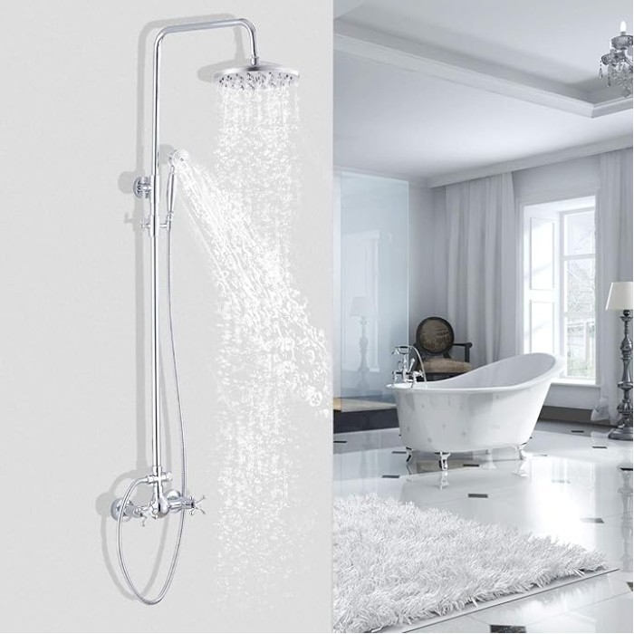 Chrome Rain Shower System Set 2 Knobs Mixing 8 Inch Round Rainfall Shower Head with Handheld Spray Bathroom Shower Faucet