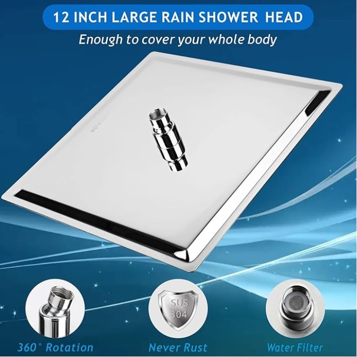 Rain Shower Head - High Flow Large Rainfall Shower Heads Made of Stainless Steel - Waterfall Bathroom Square Showerhead - Ceiling or Wall Mount (12" Chrome)
