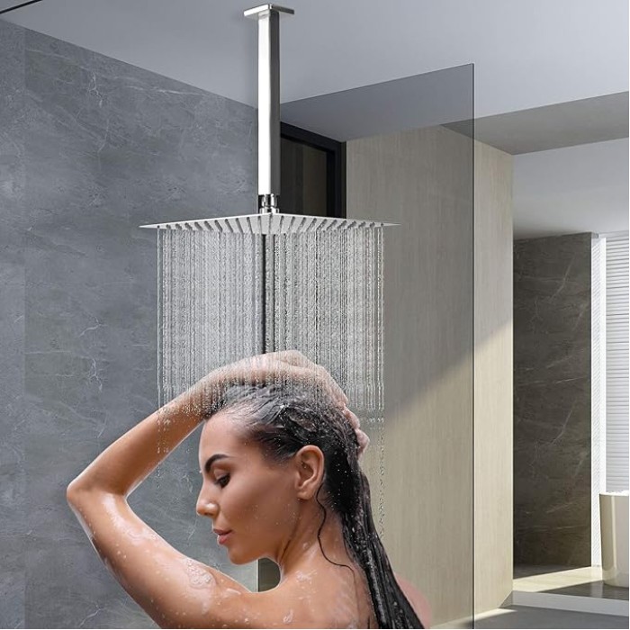 Rain Shower Head With Shower Arm, Ceiling Mount Square Shower, Stainless Steel Ceiling Rainfall Showerhead- Waterfall Full Body Coverage (12 Inch, Chrome)
