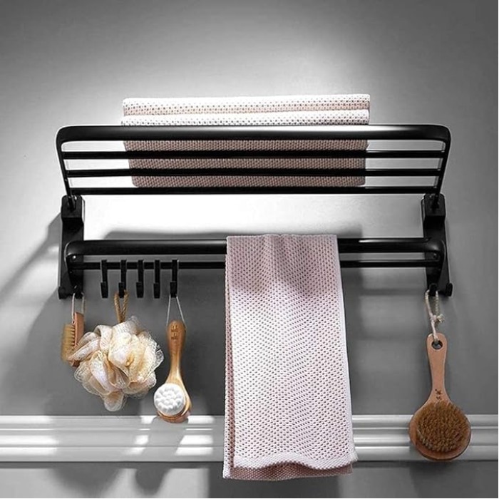 Black Bathroom Decorative Towel Rack self-Adhesive, Retro Double Towel Rack Storage Rack Wall- Mounted with 5 Hooks (Size : 40cm)