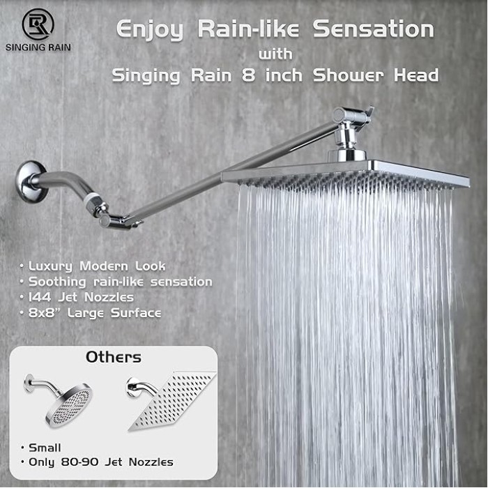 8'' Fixed Rain Shower Head- Rainfall- Super Dense 120+ Nozzles Jet- Luxury Modern Look– Square Chrome Angle Adjustable Shower Head Replacement