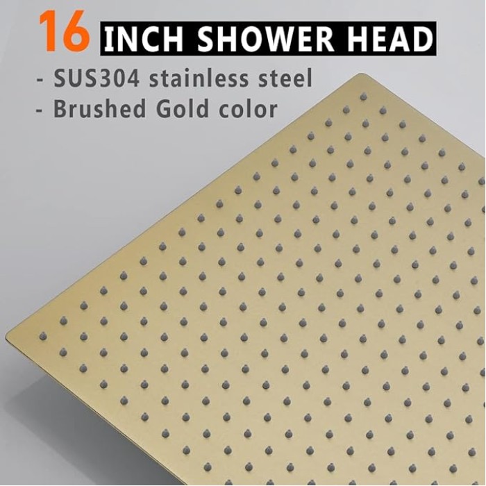 Rainfall Shower Head, 16 Inch Square Ceiling Mount Shower Head, Extra Large Stainless Steel Shower Head, Ultra Thin Waterfall Showerhead, Brushed Gold