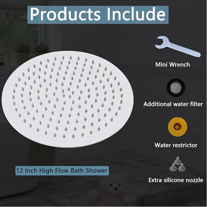 Rain Shower Head, High Flow Rainfall Showerhead Stainless Steel, Bathroom Waterfall Shower Universal Wall Ceiling Mount (12'', Chrome)