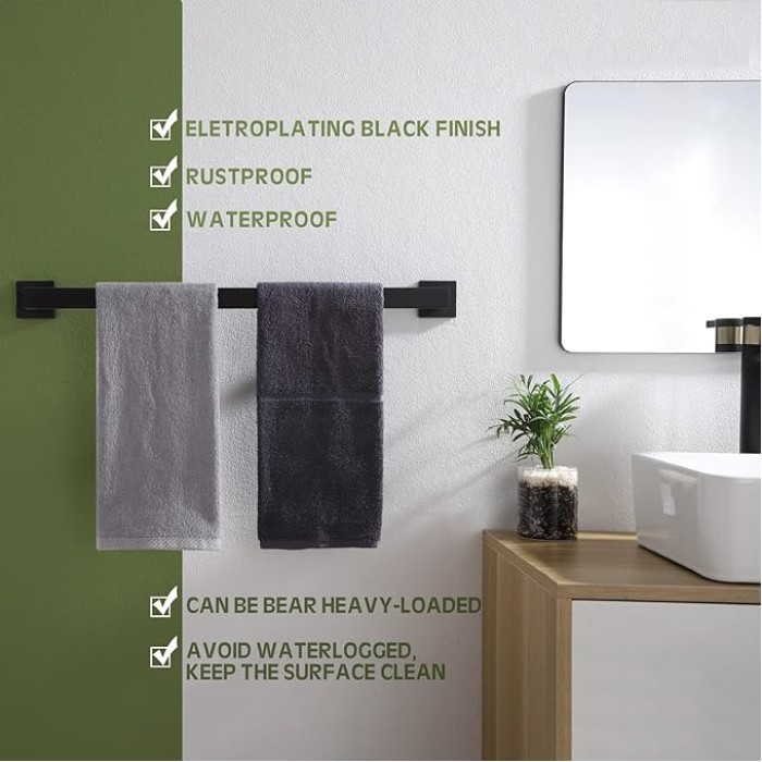 20-Inch Single Towel Bar, Bathroom Kitchen Towel Holder, Wall Mounted SUS304 Stainless Steel Towel Rack 2 Pack, Matte Black, B4003BK-L20-P2