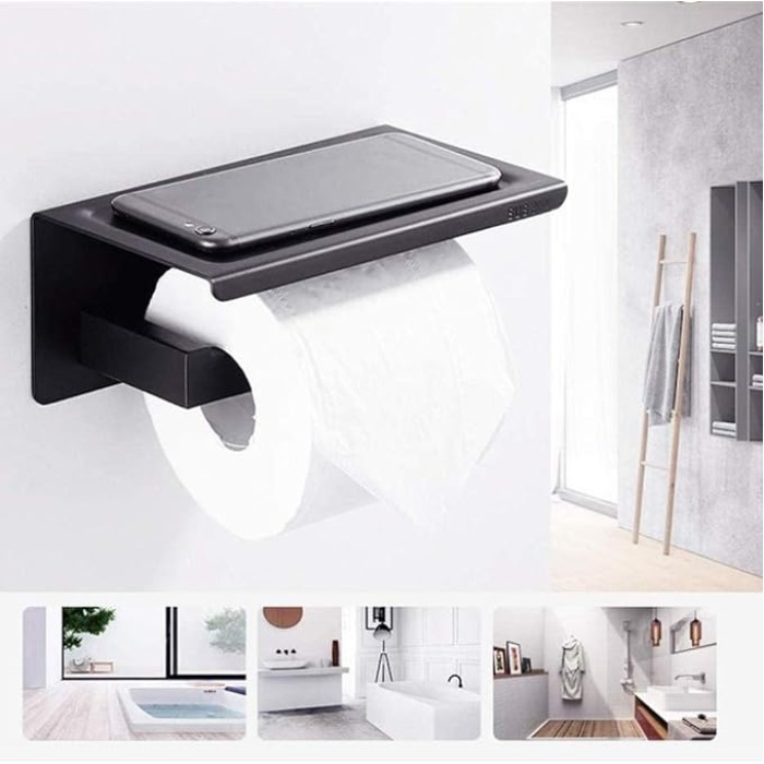 Black Toilet Paper Holder Adhesive, Toilet Paper Holder with Shelf, Adhesive no Drill Wall Mounted