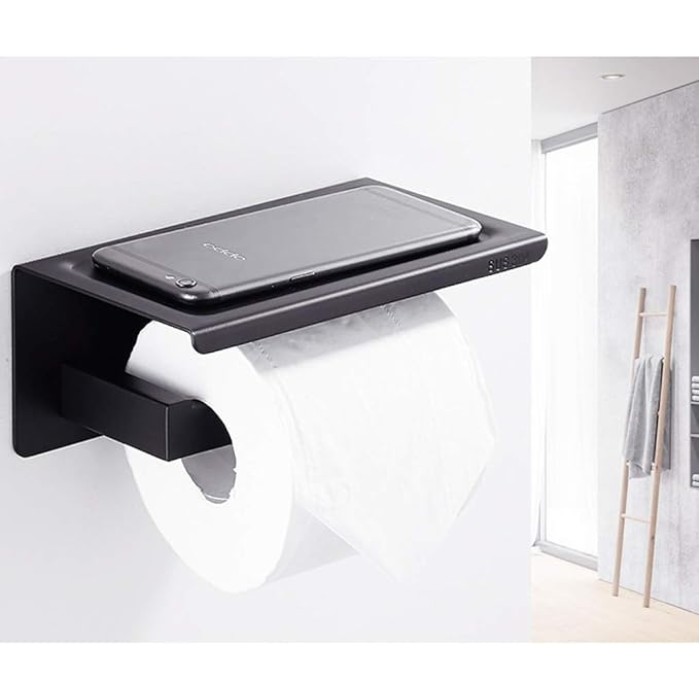 Black Toilet Paper Holder Adhesive, Toilet Paper Holder with Shelf, Adhesive no Drill Wall Mounted