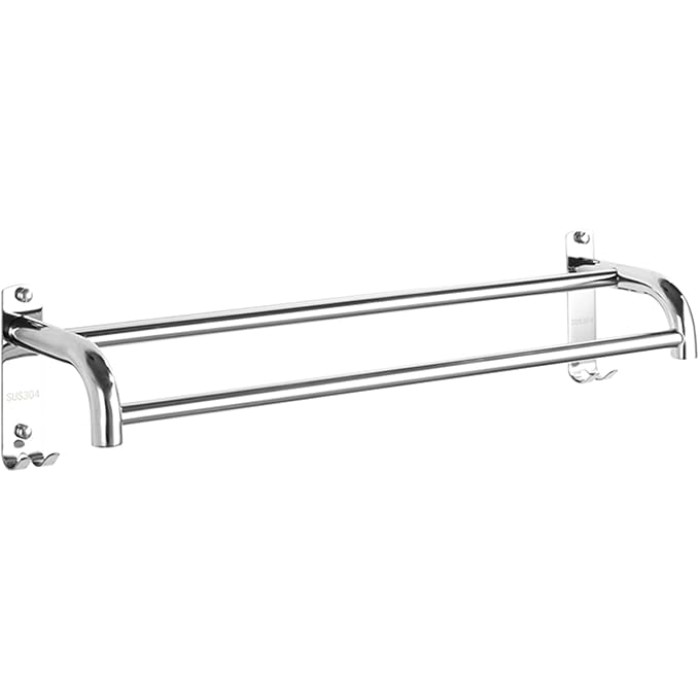 Modern Nordic Style Silver Towel Rod with Hooks Wall Mounted Bathroom Towel Rail Bar SUS304 Stainless Steel Double Towel Rack Kitchen Dish Cloths Hanger Polished Finish 70cm
