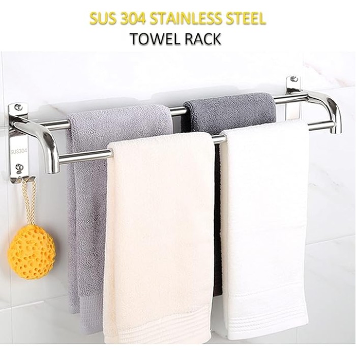 Modern Nordic Style Towel Bar with Hooks 40Cm Long Wall Mounted Bathroom and Kitchen Towel Rack Sus304 Stainless Steel Double Towel Holder Polished Finish Space Saving Design,One Color40Cm