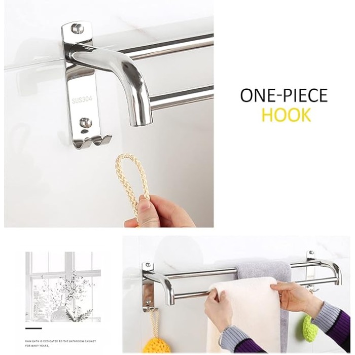 Modern Nordic Style Towel Bar with Hooks 40Cm Long Wall Mounted Bathroom and Kitchen Towel Rack Sus304 Stainless Steel Double Towel Holder Polished Finish Space Saving Design,One Color40Cm