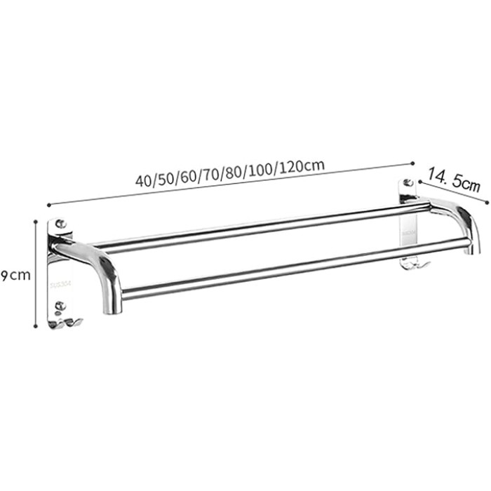 Modern Nordic Style Towel Bar with Hooks 40Cm Long Wall Mounted Bathroom and Kitchen Towel Rack Sus304 Stainless Steel Double Towel Holder Polished Finish Space Saving Design,One Color40Cm