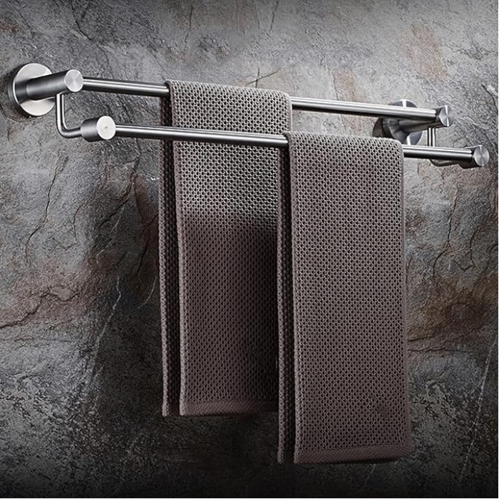 Towel Holder Double Rod Towel Hanger Stainless Steel Towel Rail Wall Mounted Adhesive No Drilling for Bathroom Toilet,Chrome,60Cm Bathroom,Brushed50Cm