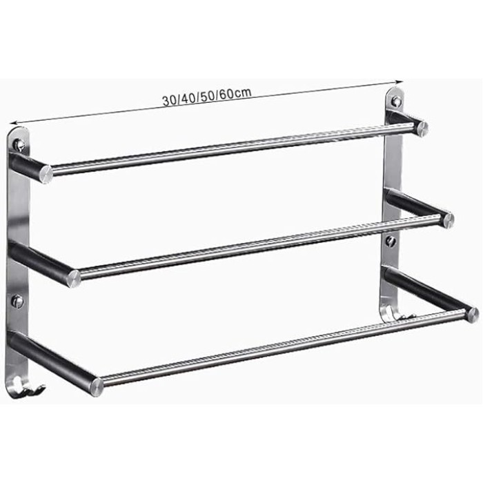 3-Tier Bath Towel Rack with Hooks Towel Rail Wall Mounted SUS304 Stainless Steel Towel Storage Bathroom Towel Rails Self Adhesive Bath Towel Rail50CM (60cm)