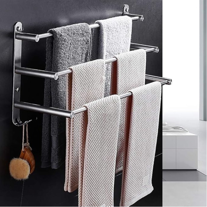 3-Tier Bath Towel Rack with Hooks Towel Rail Wall Mounted SUS304 Stainless Steel Towel Storage Bathroom Towel Rails Self Adhesive Bath Towel Rail50CM (60cm)