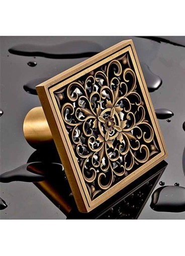 10cm Brass Bathroom Floor Drain, Art Carved Flower Pattern Square Shower Sink Drain Strainer Cover Grate Drain with Removable Cover for Hotel Home