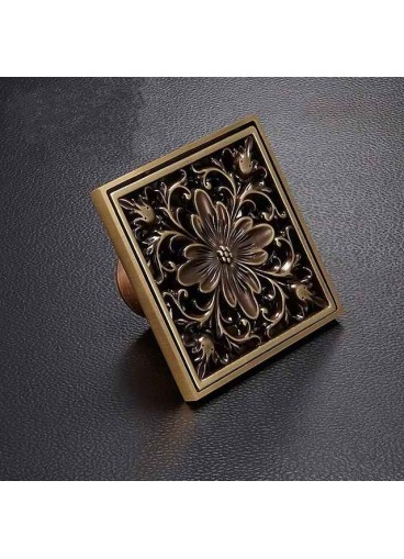 10cm Brass Bathroom Floor Drain, Art Carved Flower Pattern Square Shower Sink Drain Strainer Cover Grate Drain with Removable Cover for Hotel Home