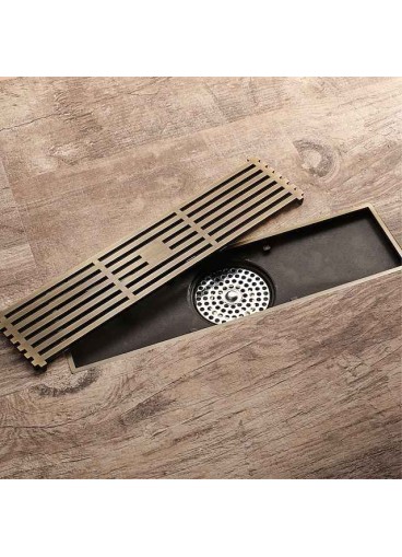 12 Inch Rectangular Linear Shower Drain Bath Floor with Brick Pattern Grate, Brushed Brass Bathroom Floor Drain, Shower Floor Drain Includes Hair Strainer