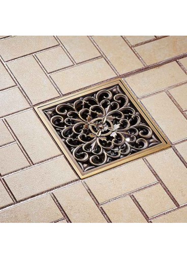 10cm Brass Bathroom Floor Drain, Art Carved Flower Pattern Square Shower Sink Drain Strainer Cover Grate Drain with Removable Cover for Hotel Home