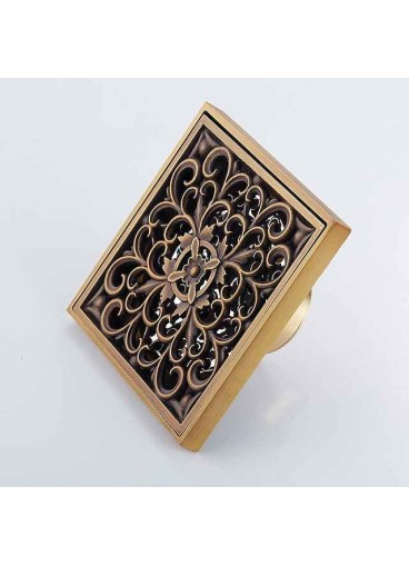 10cm Brass Bathroom Floor Drain, Art Carved Flower Pattern Square Shower Sink Drain Strainer Cover Grate Drain with Removable Cover for Hotel Home