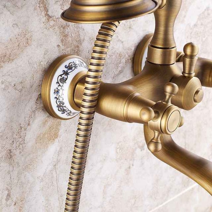 Bathroom Sink Faucet,Brass Telephone Shape Wall Installation Widespread Pull-out Country Style Electroplated Copper Finish Two Handles Bathtub Faucet with Handshower and Drain